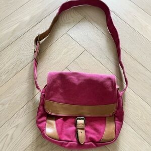 LL BEAN Leather Trim Canvas Crossbody Shoulder Messenger Bag Rare Red - Medium